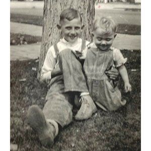 Vintage Found Photo Boys by a Tree Brothers Overalls Photograph Snapshot 1940s